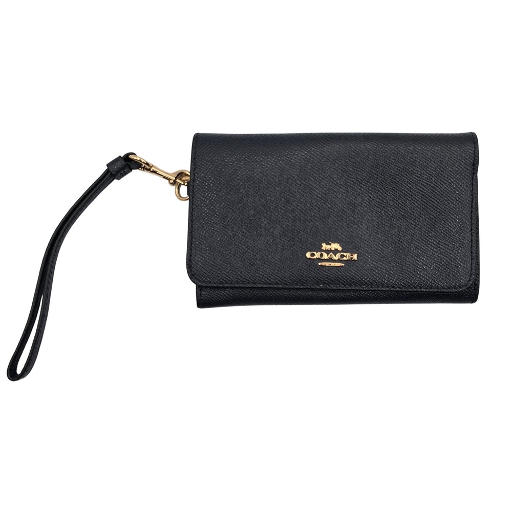 Coach F30205 Crossgrain Leather Flap Phone Wallet Wristlet Black Gold Hardware